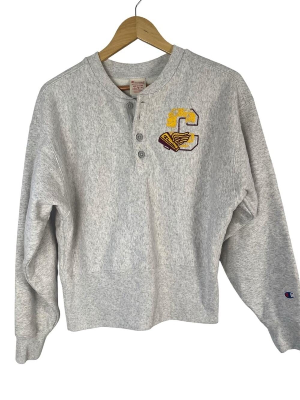 Champion Heather Grey Reverse Weave Henley Sweatshirt Womens Medium Cheerleader